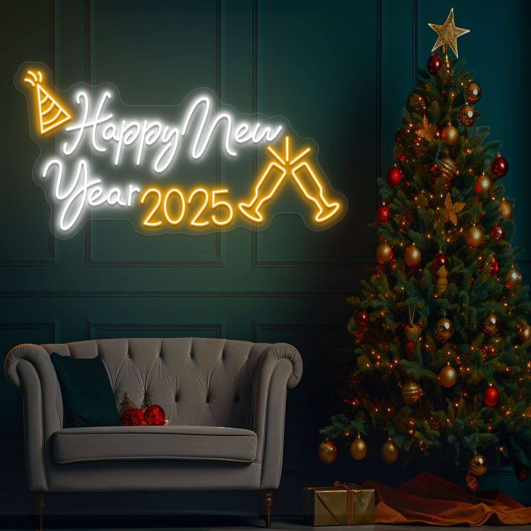 Happy New Year Neon Light with Champagne Glasses