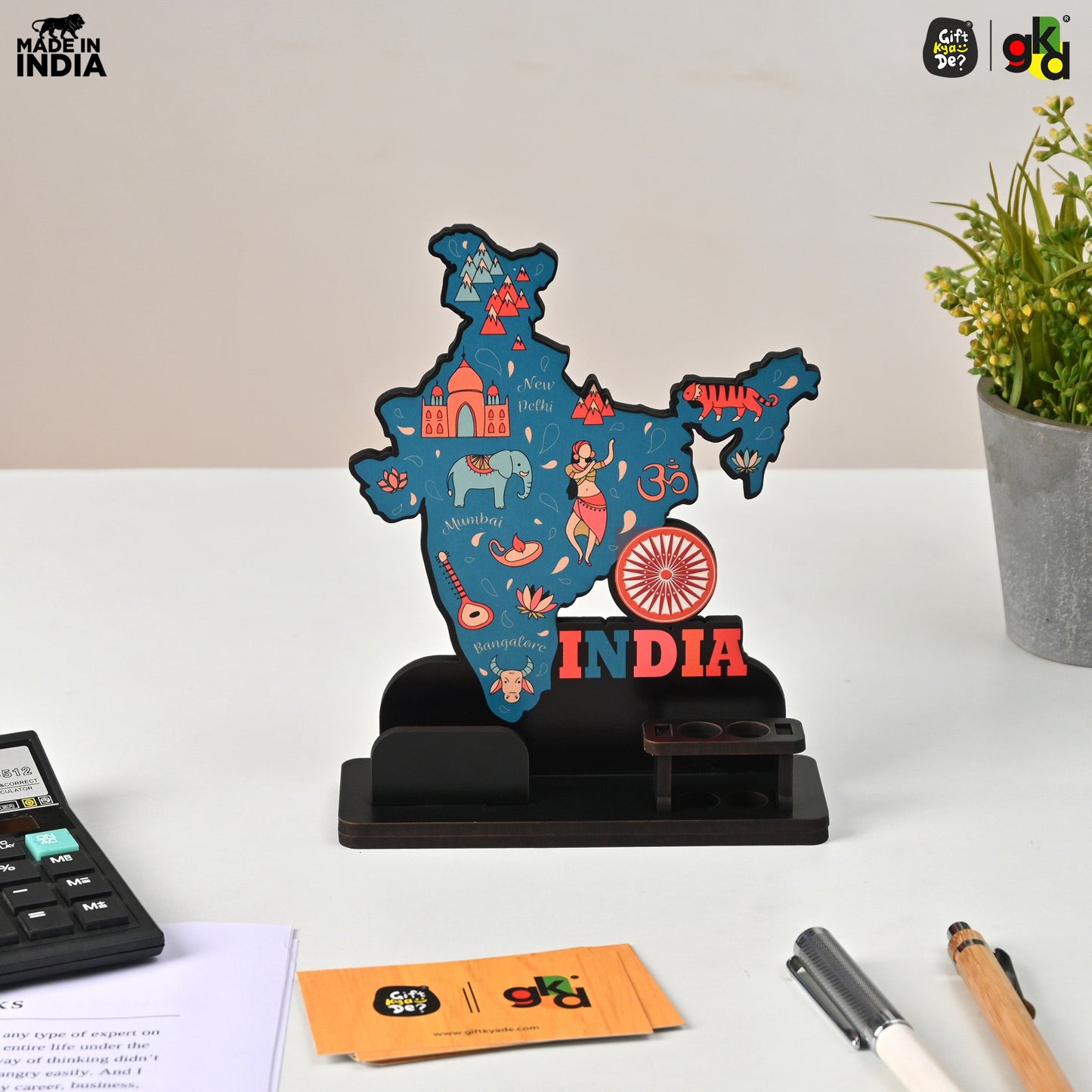 India Map Desk Table Top with Pen Holder & Visiting Card Stand – Showcasing Iconic Places, Pride Animals, and Culture | Patriotic Gifts for Republic Day & Independence Day