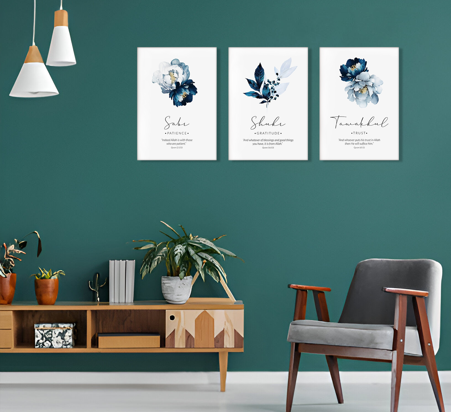 Sabr Shukr Tawakkul Flowers Islamic Canvas Wall Painting Set of 3