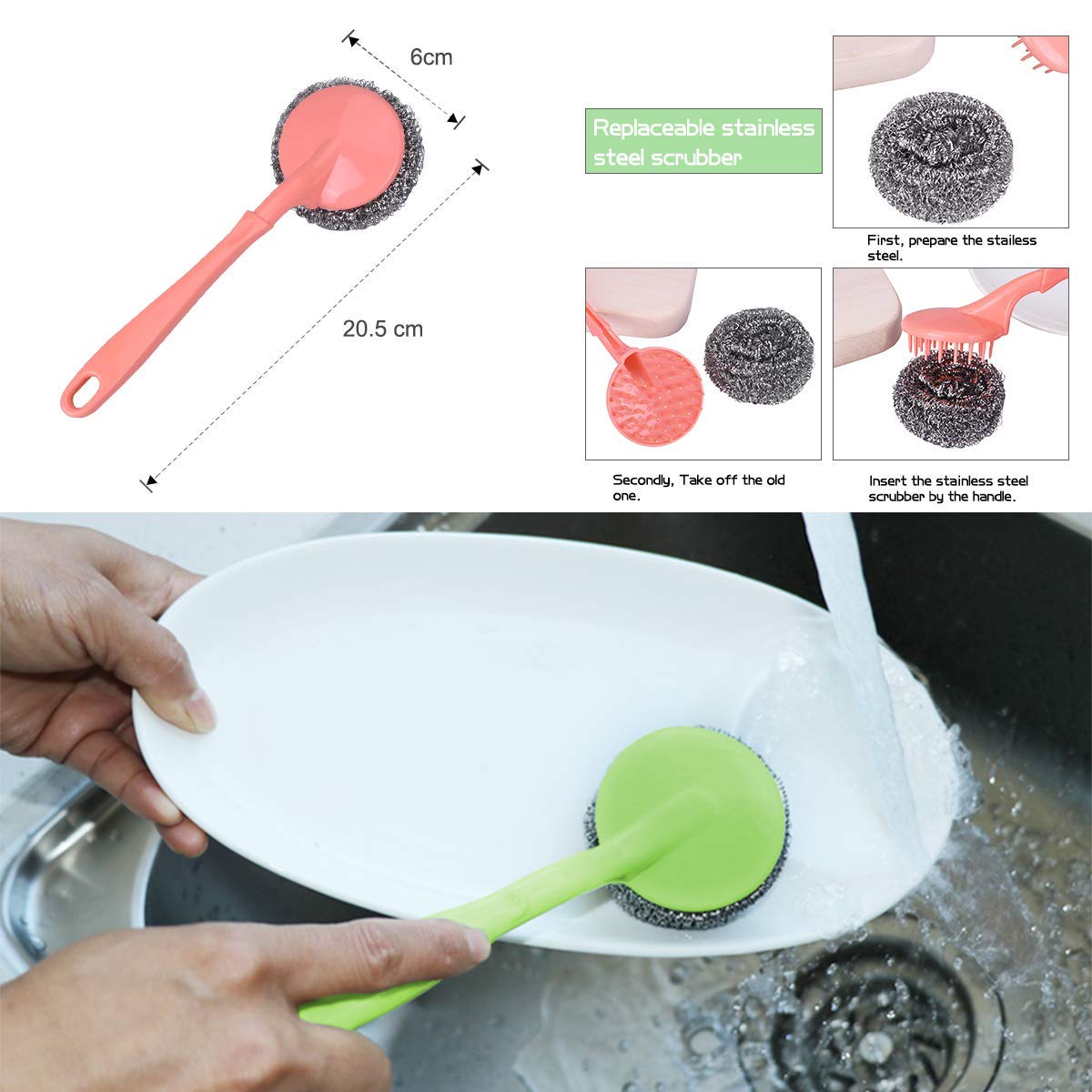 MustHome Stainless Steel Scrubbers with Handle Cleaning Brush | Pack of 2
