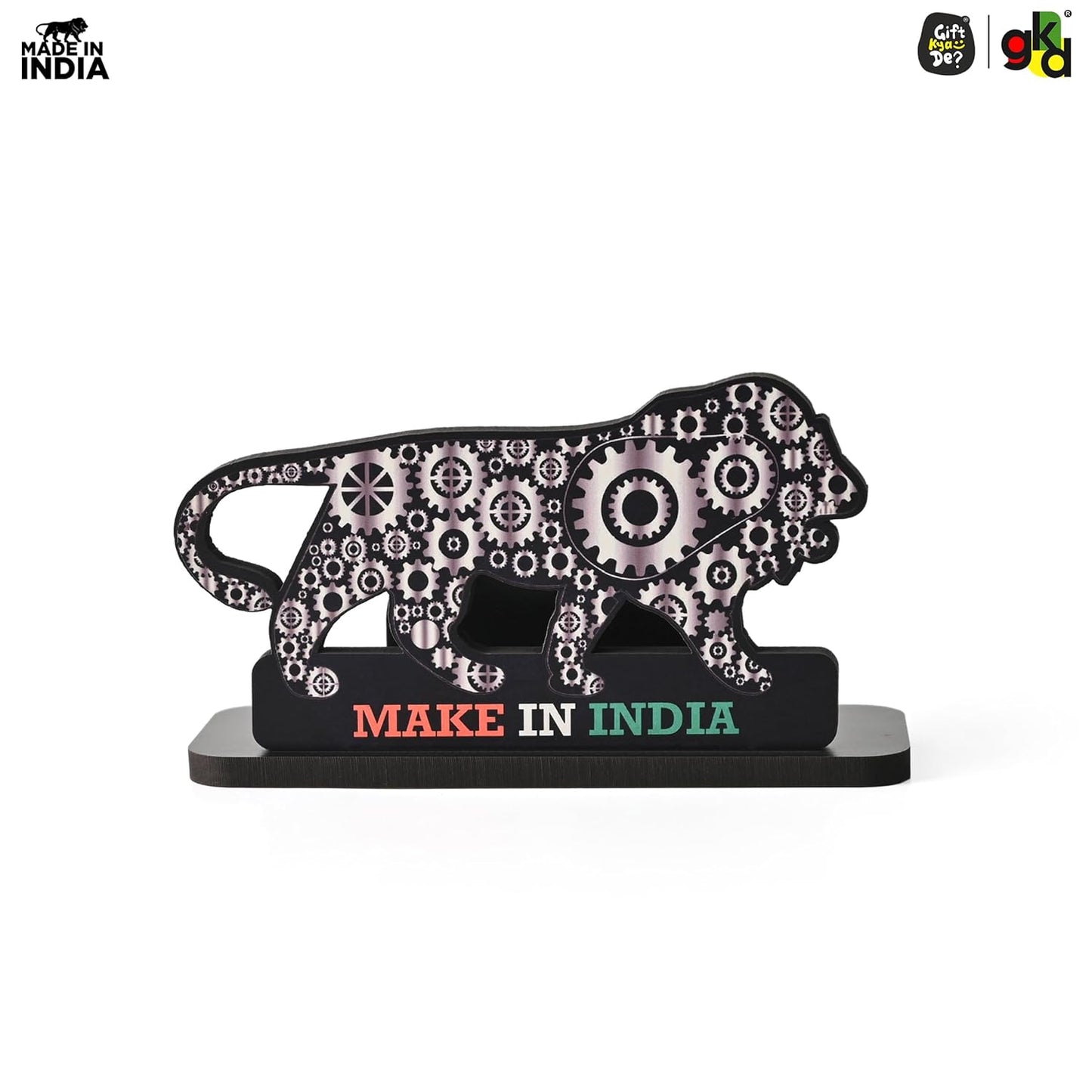 Make In India Themed Visiting Card Stand, Decorative Lion Gear Pattern Design