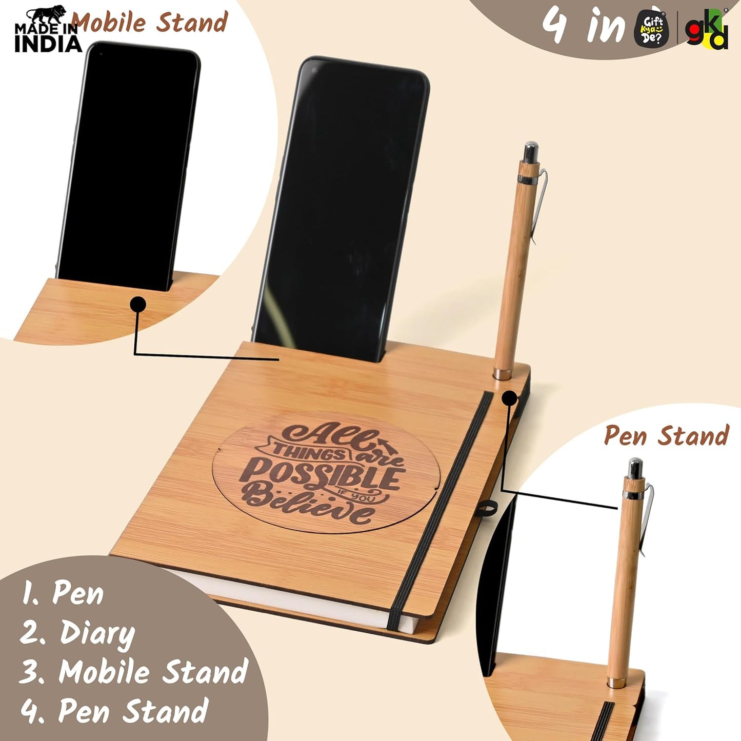 Wooden Diary with Mobile & Pen Stand | Customized Printed Photo/Logo or Motivational Quotes (Non-Customizable)