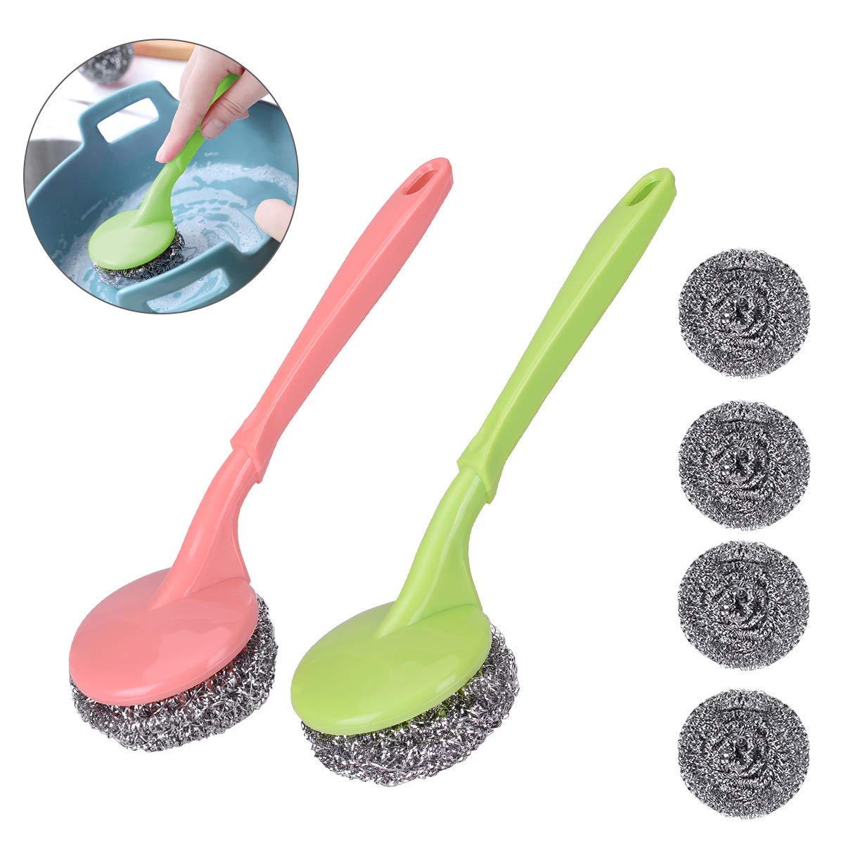 MustHome Stainless Steel Scrubbers with Handle Cleaning Brush | Pack of 2