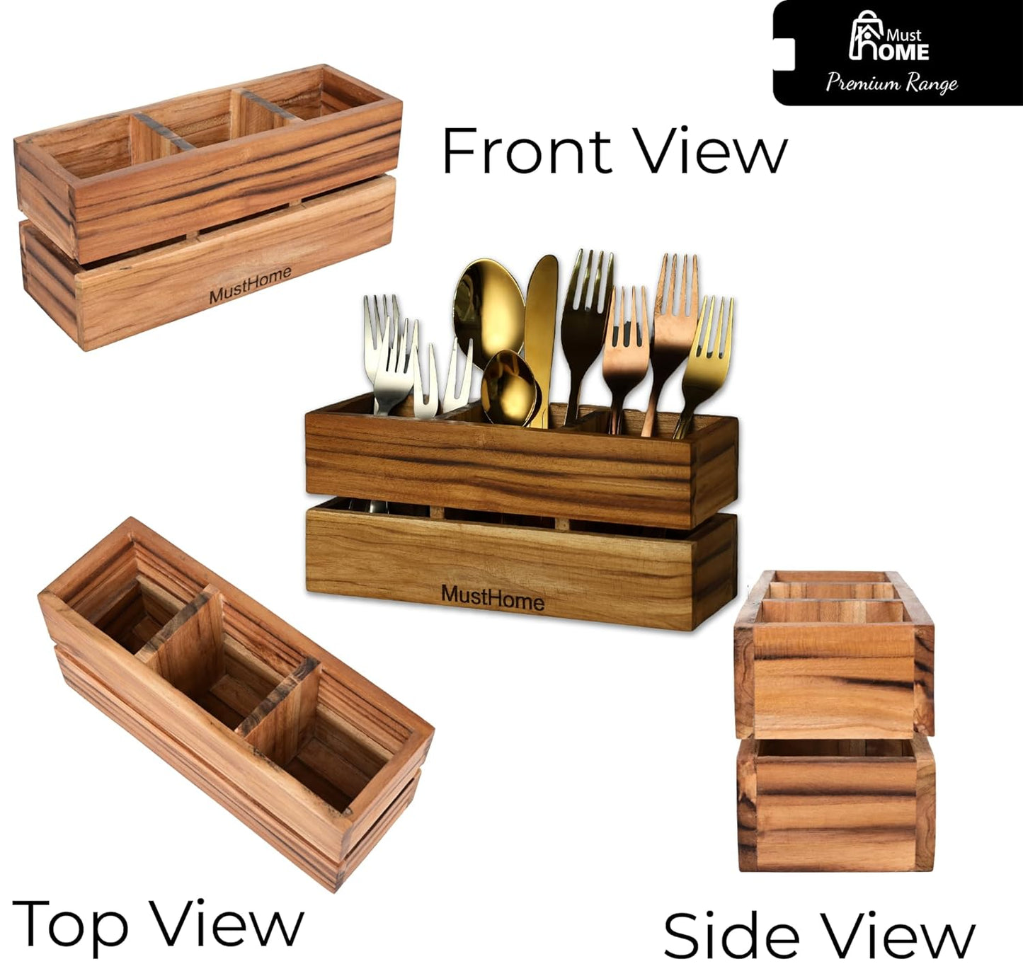 MustHome Premium Spoon stand for kitchen Wooden Cutlery Holder| 9.1X3X3.9 inc