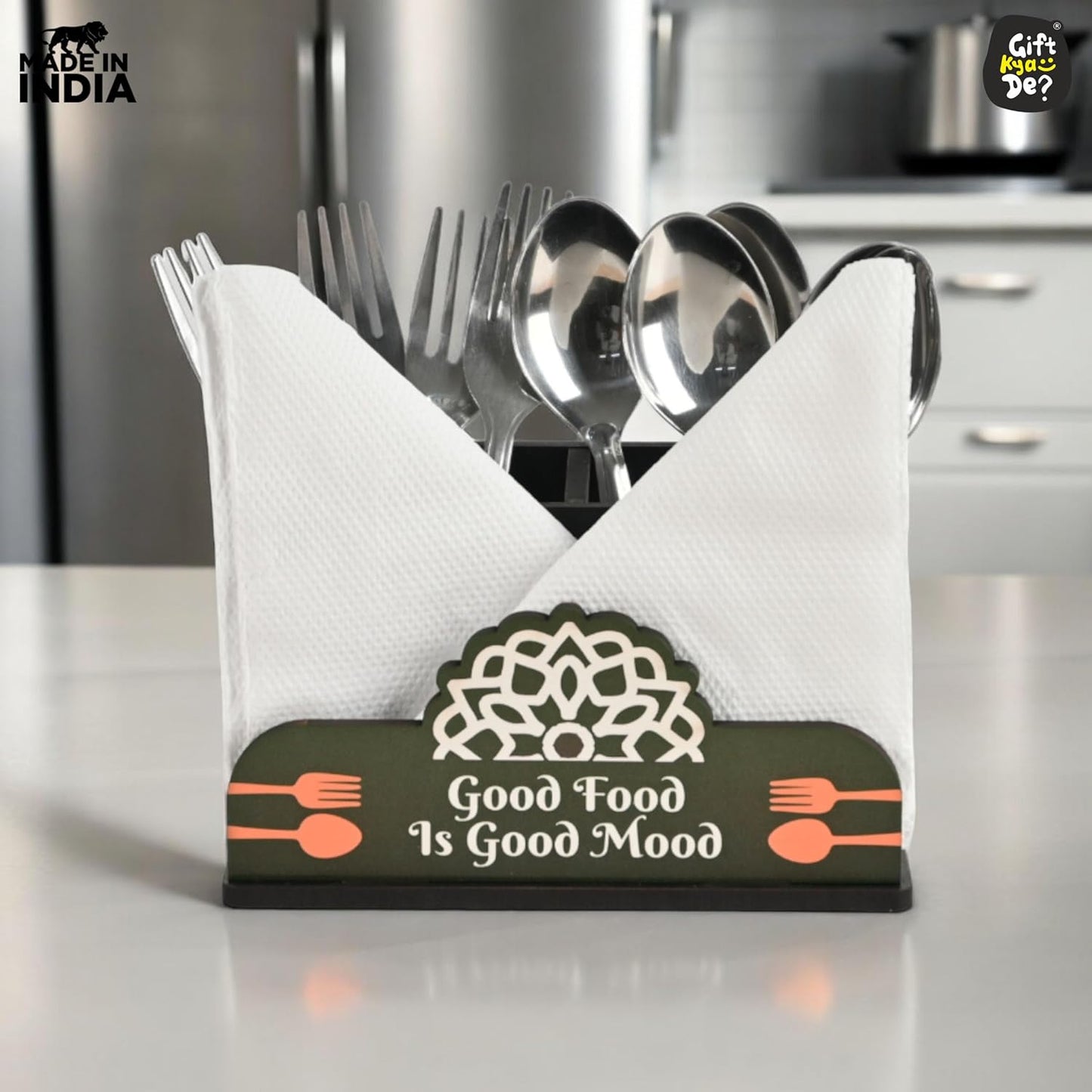 Cutlery Stand with Tissue Holder for Kitchen & Dining Table | 2 Compartments | Spoon, Knife & Fork Holder, Cutlery Organizer
