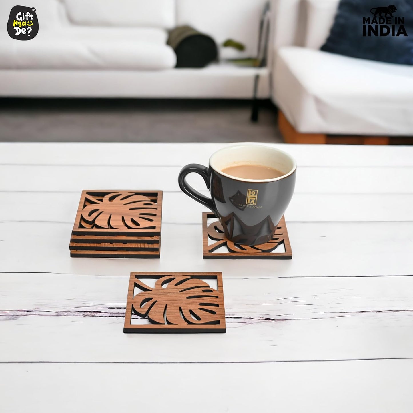 Coaster Set of 6 Leaf Cutwork Design | Wooden Coasters to Serve Tea Cups, Coffee Mugs and Glasses