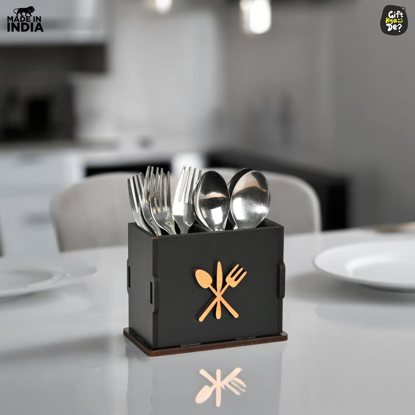 2 Compartments Wooden Cutlery Stand for Kitchen & Dining Table | Spoon, Knife & Fork Holder