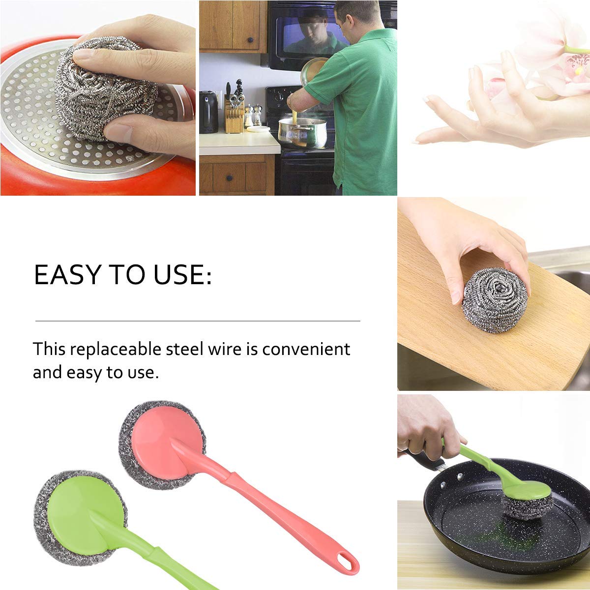 MustHome Stainless Steel Scrubbers with Handle Cleaning Brush | Pack of 2