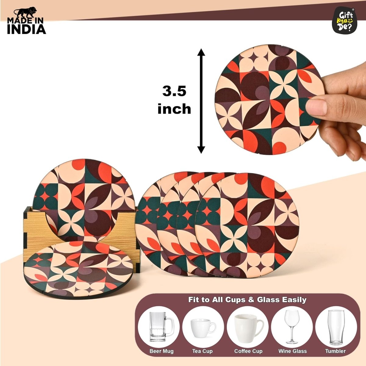 Coaster Set of 6 Modern Art Design | Wooden Coasters to Serve Tea Cups, Coffee Mugs and Glasses