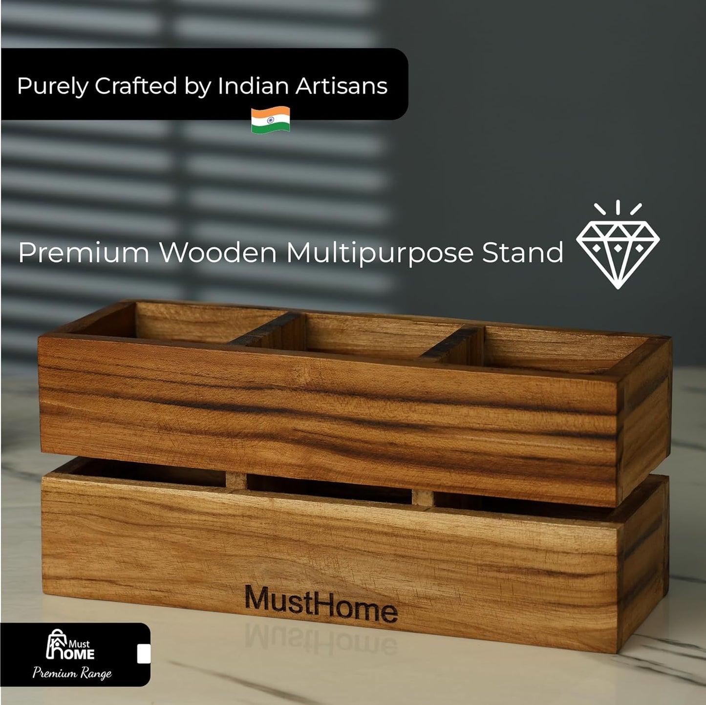 MustHome Premium Spoon stand for kitchen Wooden Cutlery Holder| 9.1X3X3.9 inc