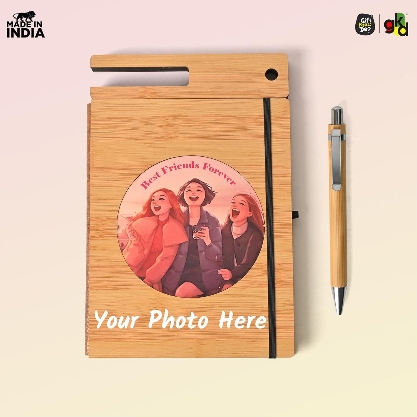 Wooden Diary with Mobile & Pen Stand | Customized Printed Photo/Logo or Motivational Quotes (Non-Customizable)