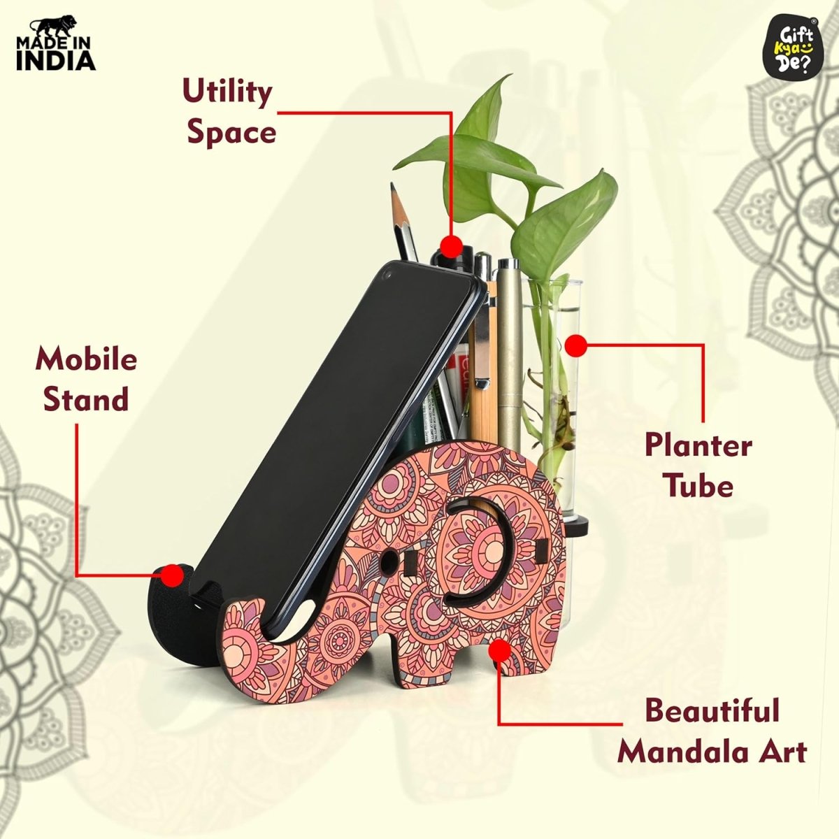 Elephant Shaped Wooden Pen Holder & Mobile Stand | Mandala Art Design | Also with Test Tube Planter