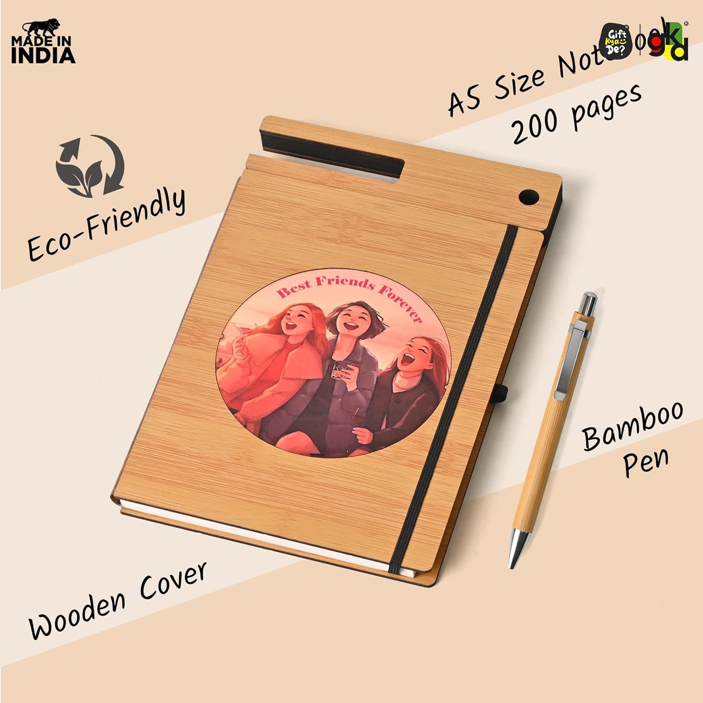 Wooden Diary with Mobile & Pen Stand | Customized Printed Photo/Logo or Motivational Quotes (Non-Customizable)