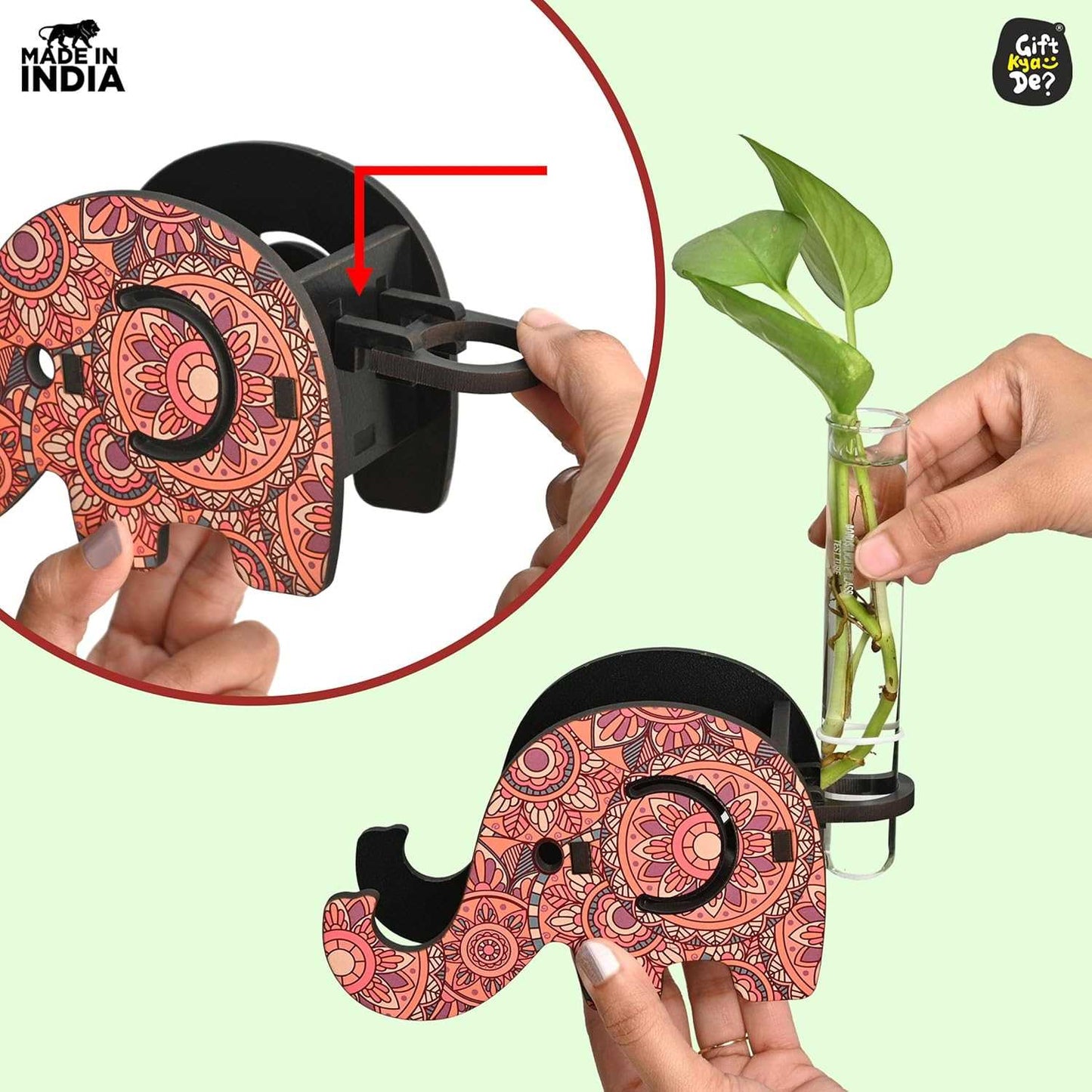 Elephant Shaped Wooden Pen Holder & Mobile Stand | Mandala Art Design | Also with Test Tube Planter