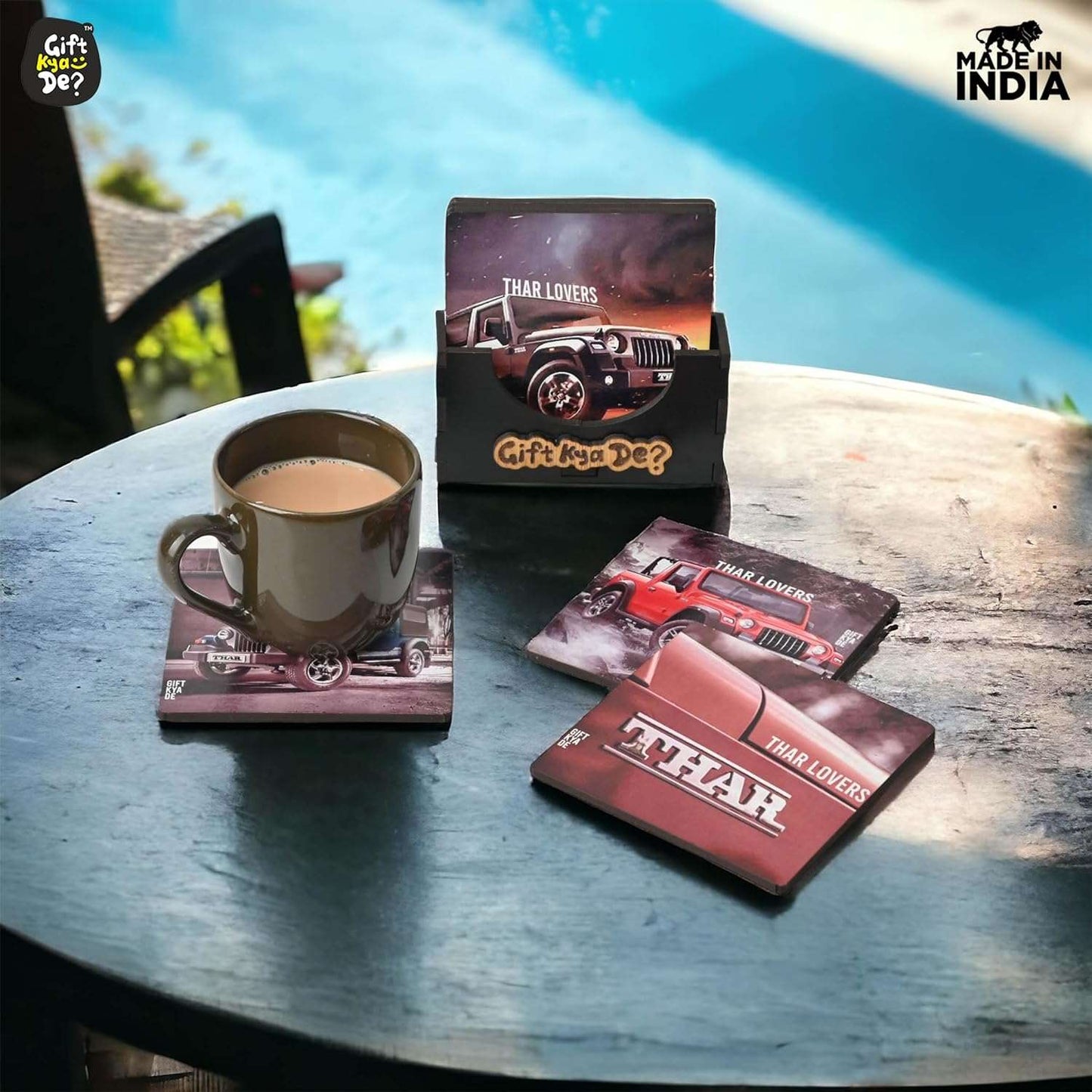 Coaster Set of 6 Bullet Bike & Thar Car Lover | Gifts with Proper Coaster Stand | Set fit for Tea Cups, Coffee Mugs and Glasses (Square 3.8 X 3.8 Inch)