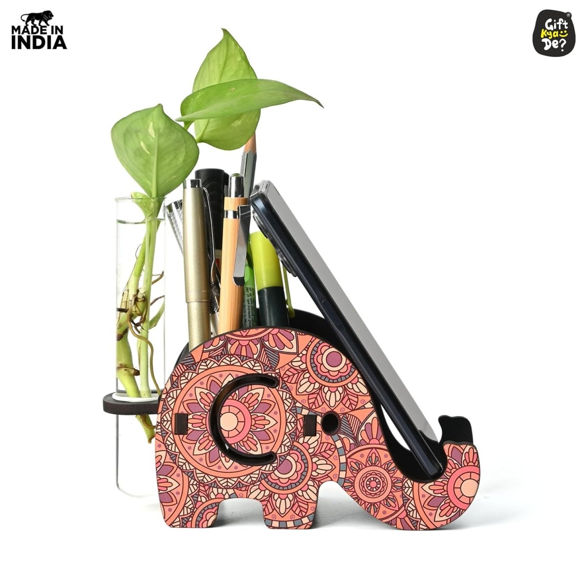 Elephant Shaped Wooden Pen Holder & Mobile Stand | Mandala Art Design | Also with Test Tube Planter