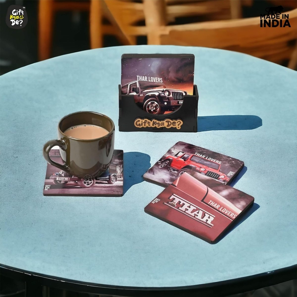 Coaster Set of 6 Bullet Bike & Thar Car Lover | Gifts with Proper Coaster Stand | Set fit for Tea Cups, Coffee Mugs and Glasses (Square 3.8 X 3.8 Inch)