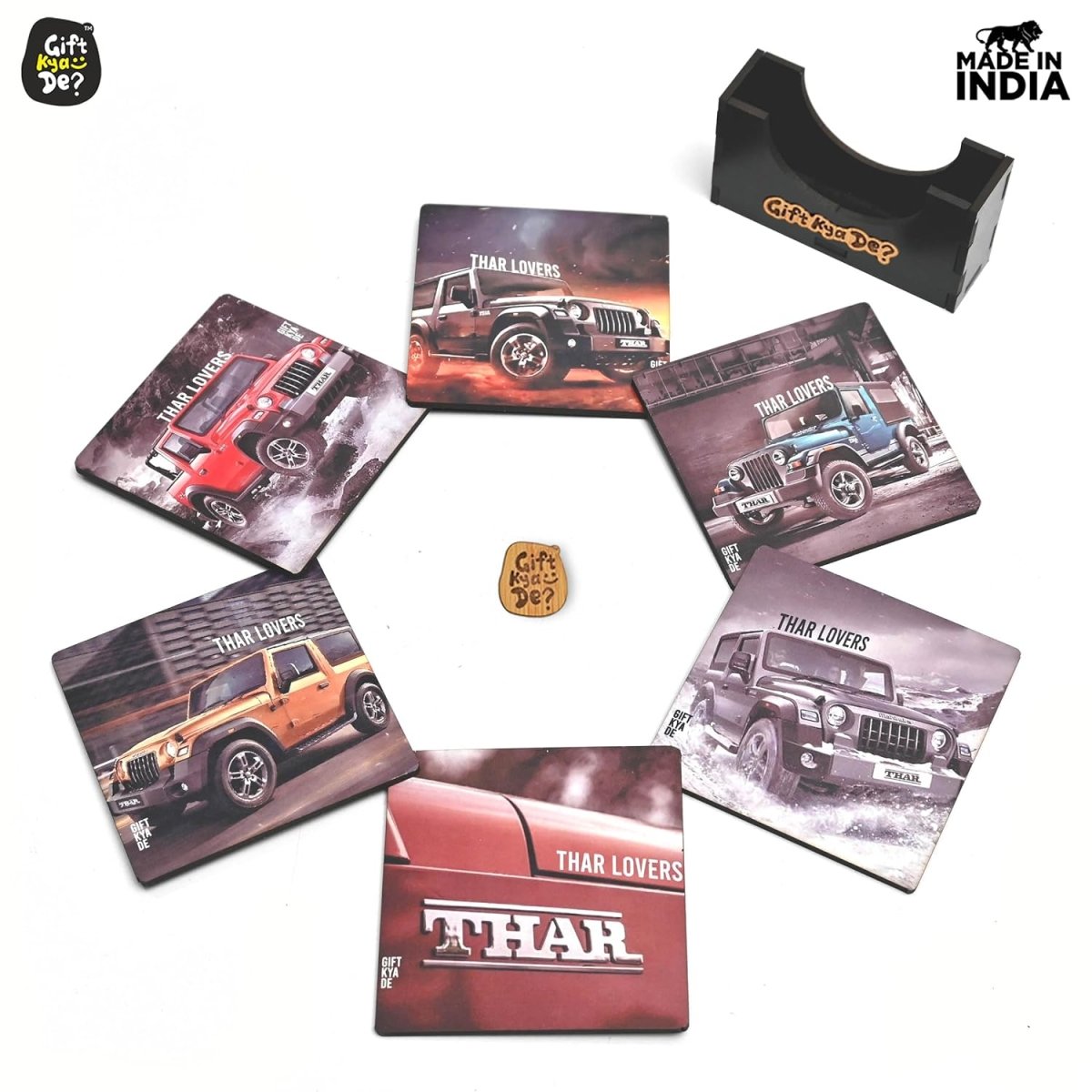 Coaster Set of 6 Bullet Bike & Thar Car Lover | Gifts with Proper Coaster Stand | Set fit for Tea Cups, Coffee Mugs and Glasses (Square 3.8 X 3.8 Inch)