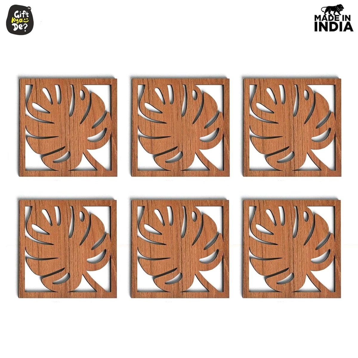 Coaster Set of 6 Leaf Cutwork Design | Wooden Coasters to Serve Tea Cups, Coffee Mugs and Glasses