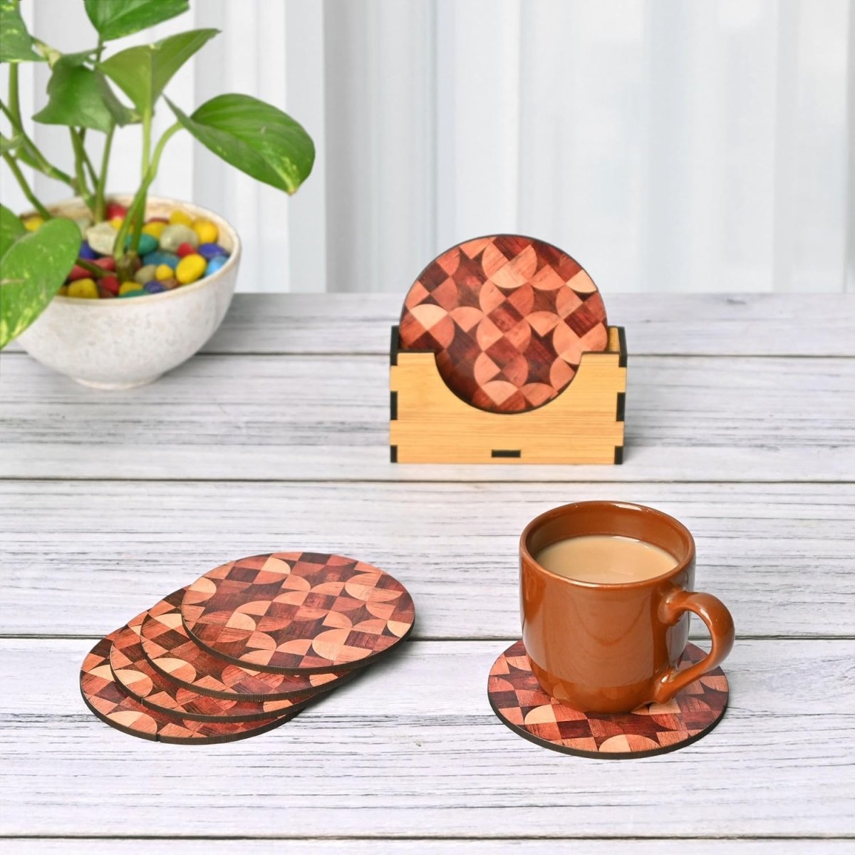 Coaster Set of 6 Woody Design | Wooden Coasters With Coaster Stand | Kitchen Accessories (Ecofriendly)