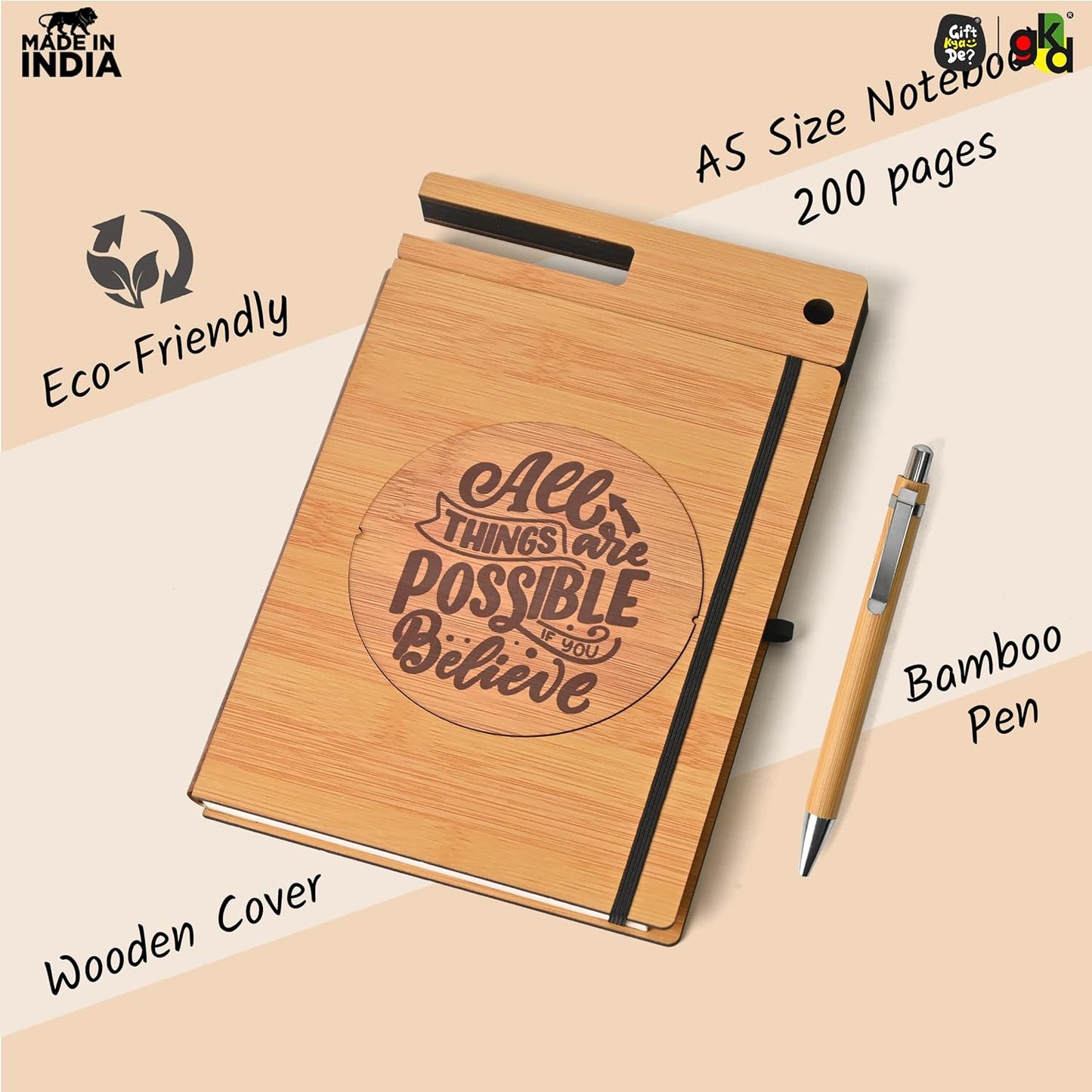 Wooden Diary with Mobile & Pen Stand | Customized Printed Photo/Logo or Motivational Quotes (Non-Customizable)