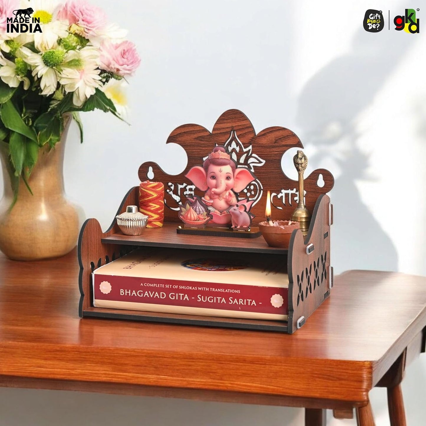 Wooden Shubh Labh Mandir With Utility Shelf | Small Pooja Temple for Table, Wall, or Shelf | DIY | 8x8x8.5 Inch
