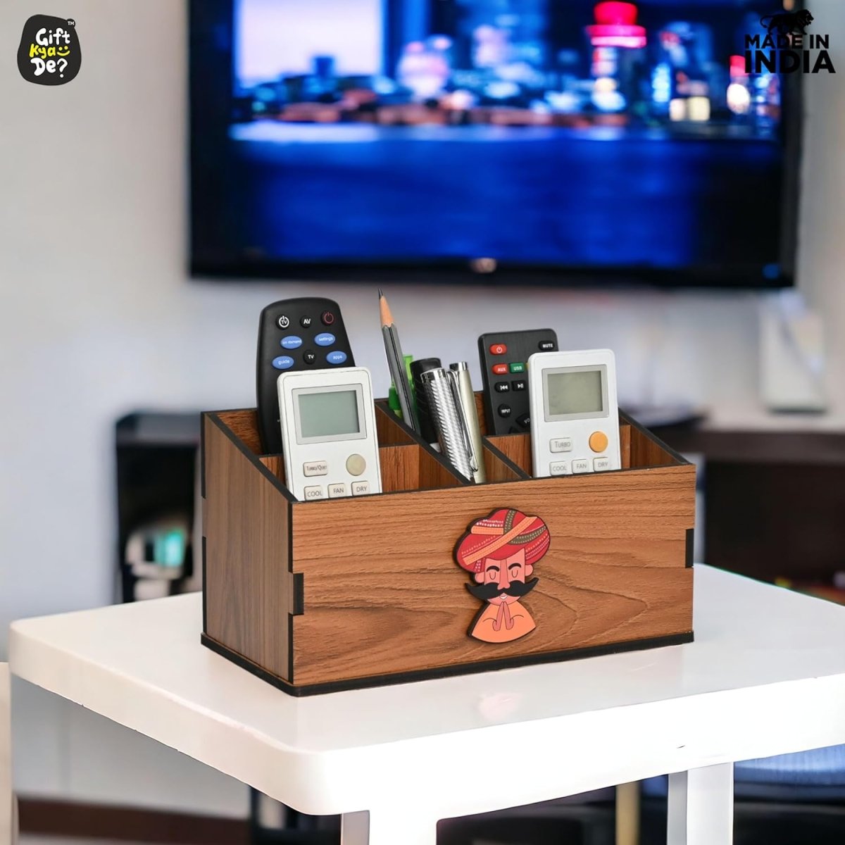 Wooden Remote Stand with 5 Sections | Remote Holder for TV and AC | Stationary Organizer | Ideal for Home and Office