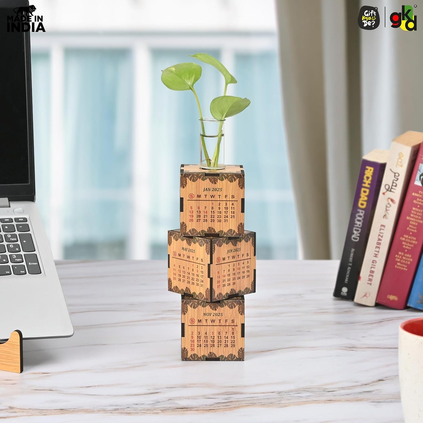 3-Cube Wooden Desk Calendar 2025 with Test Tube Planter | Desk Organizer for Home, Office & Corporate Gifting