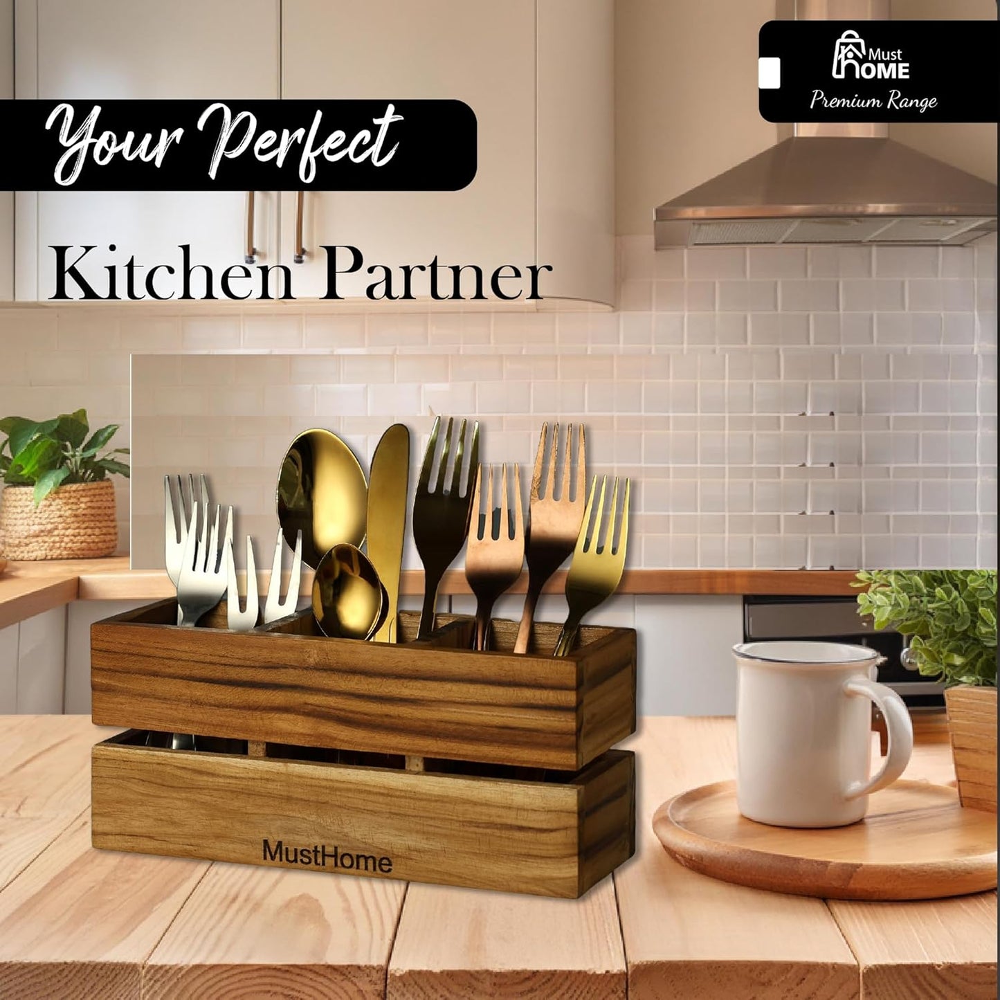 MustHome Premium Spoon stand for kitchen Wooden Cutlery Holder| 9.1X3X3.9 inc