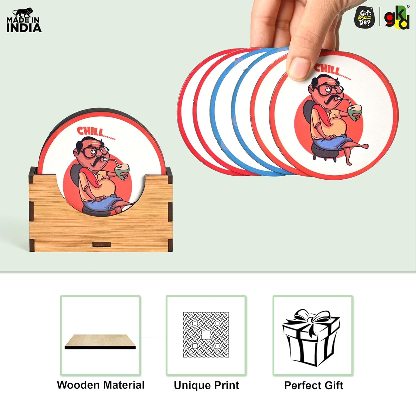 South India-Themed Wooden Coaster Set of 6 with Stand – Fun & Quirky Tamil Designs