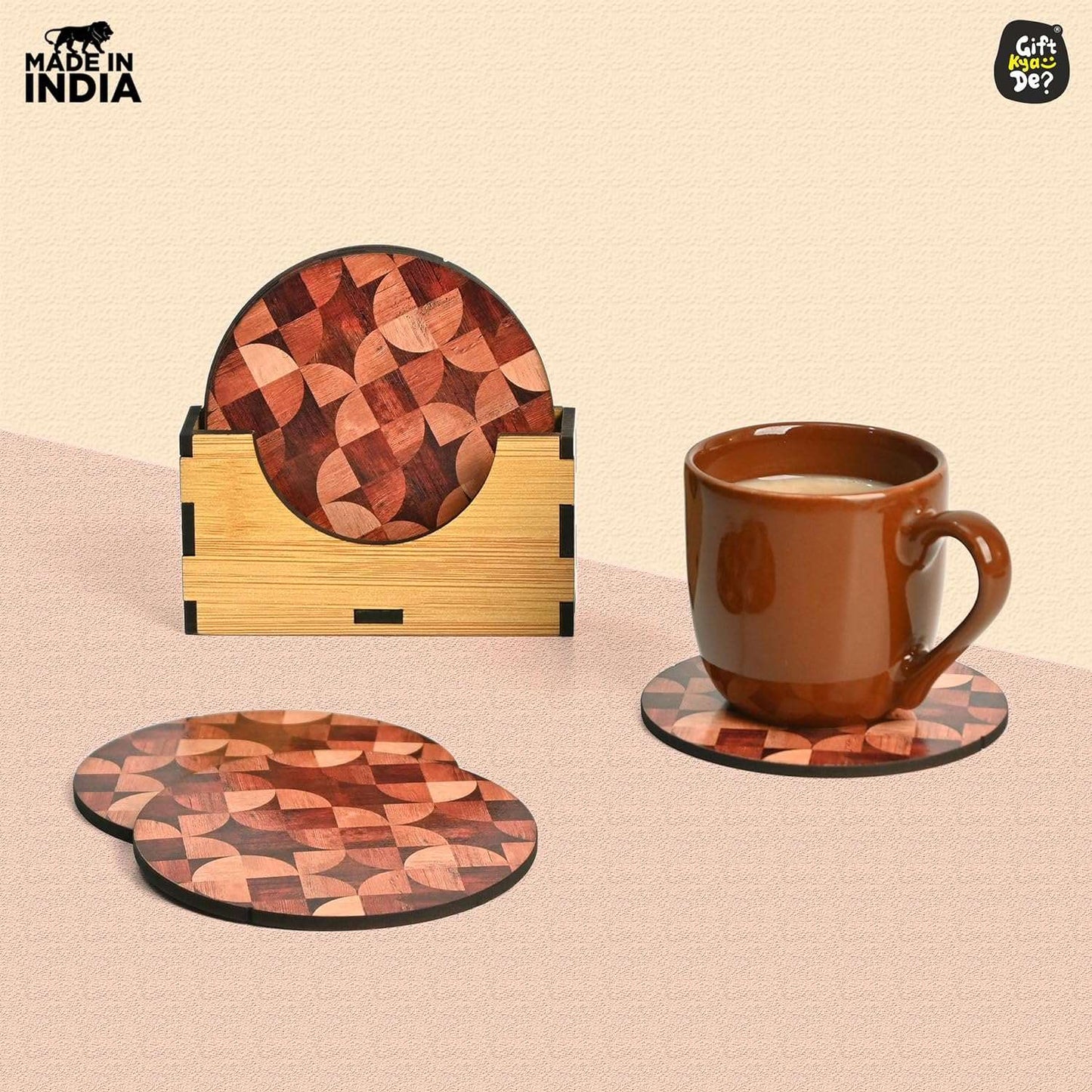 Coaster Set of 6 Woody Design | Wooden Coasters With Coaster Stand | Kitchen Accessories (Ecofriendly)