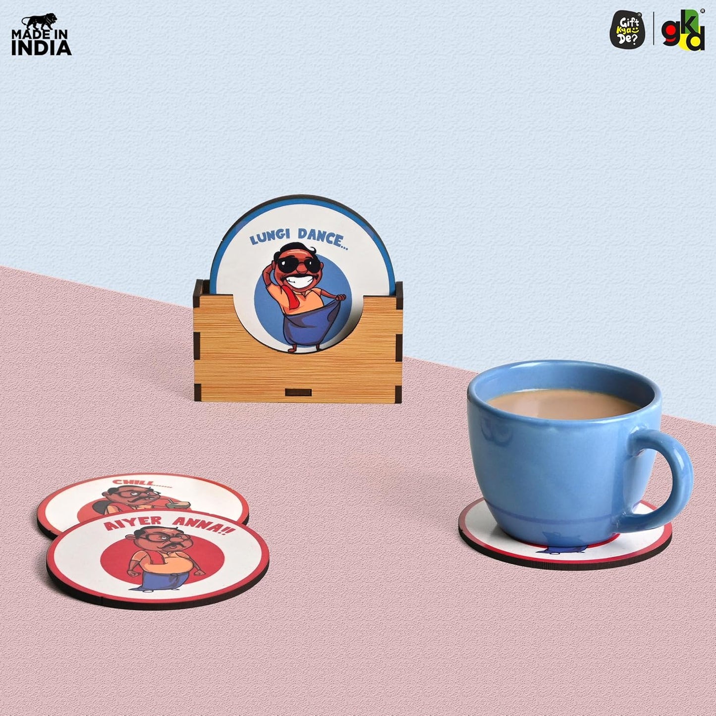 South India-Themed Wooden Coaster Set of 6 with Stand – Fun & Quirky Tamil Designs