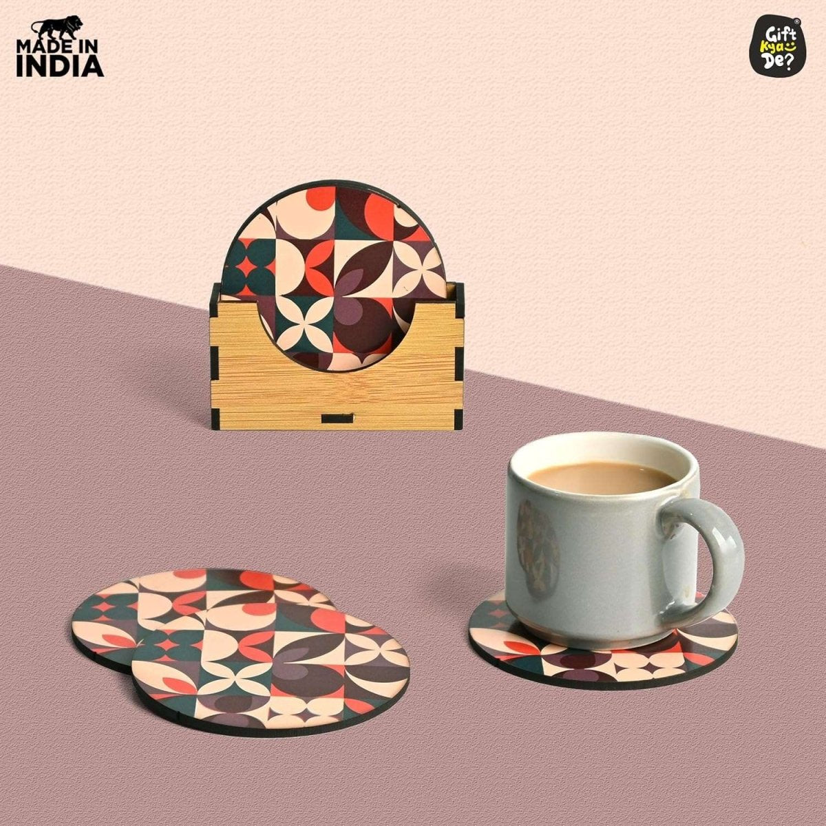 Coaster Set of 6 Modern Art Design | Wooden Coasters to Serve Tea Cups, Coffee Mugs and Glasses