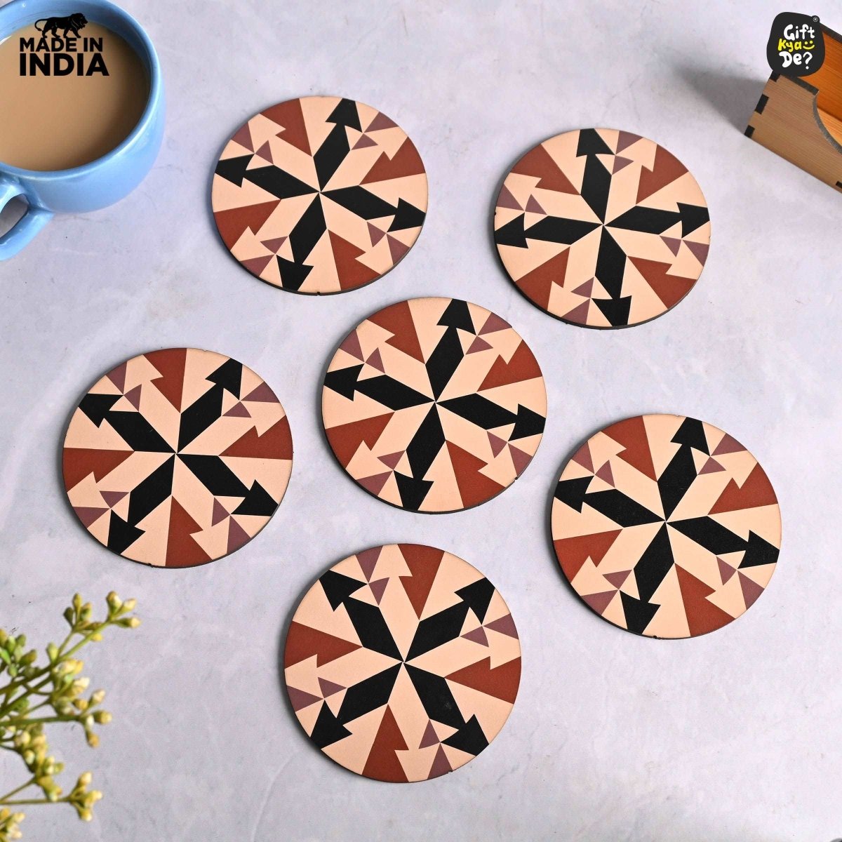 Coaster Set of 6 Chevron Design | Wooden Coasters With Coaster Stand | Kitchen Accessories (Ecofriendly)