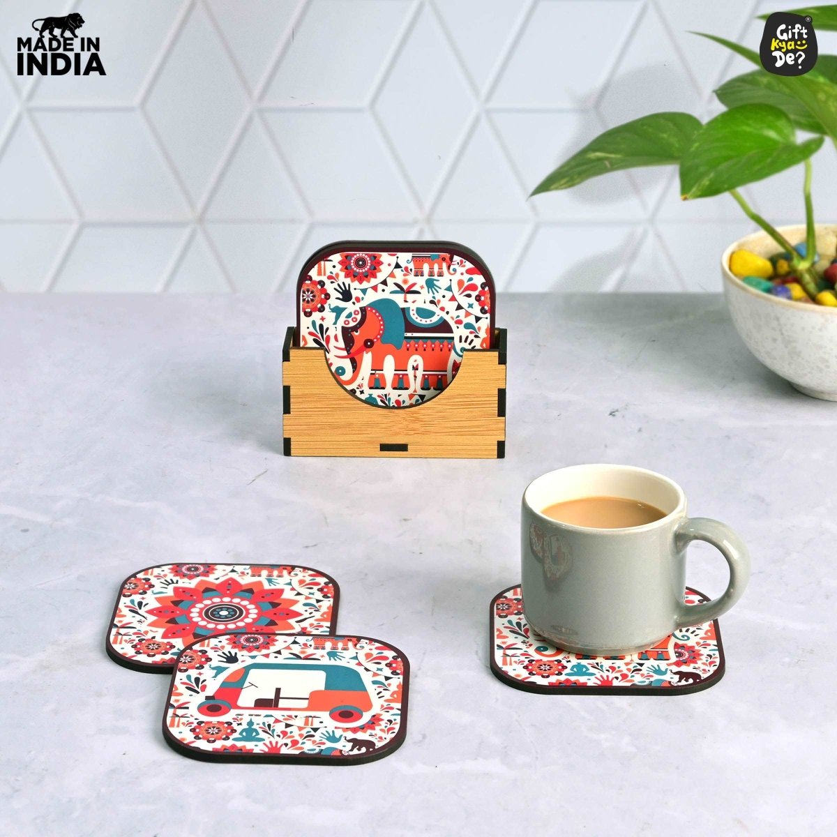 Coaster Set of 6 Vibrant & Colorful India Design | Wooden Coasters With Coaster Stand | Kitchen Accessories (Ecofriendly)