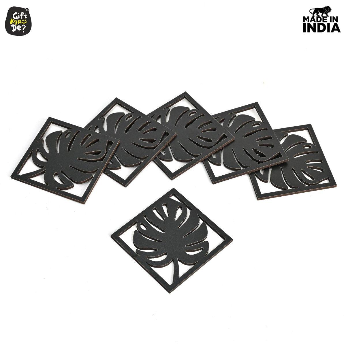 Coaster Set of 6 Leaf Cutwork Design | Wooden Coasters to Serve Tea Cups, Coffee Mugs and Glasses