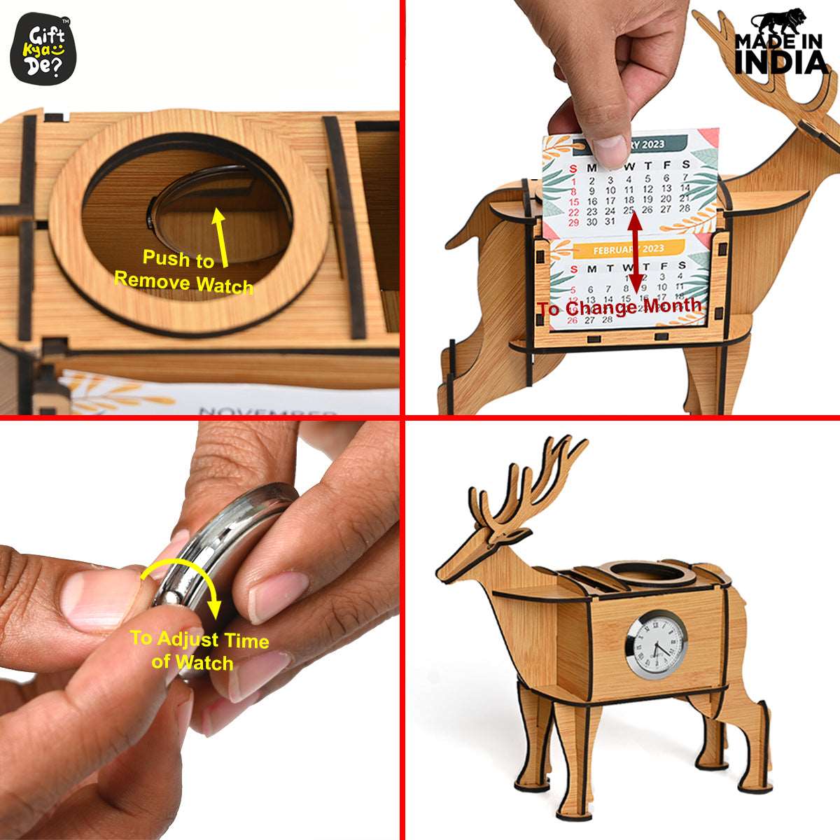 Deer Showpiece | Desk Organizer With Clock & Calendar 2024 | Home & Office Decor
