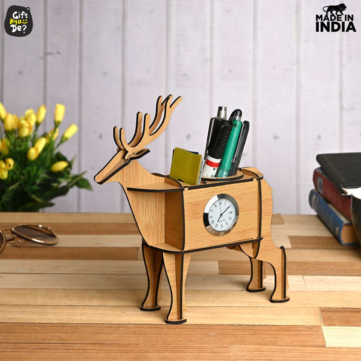 Deer Showpiece | Desk Organizer With Clock & Calendar 2024 | Home & Office Decor
