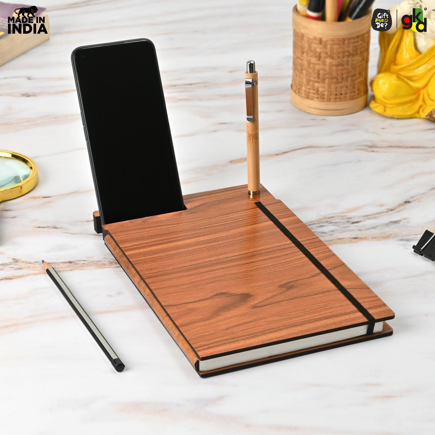 Wooden Smart Diary with Mobile Holder & Pen Stand | Includes Wooden Pen | Useful Gift For Office, Corporate & Personal Use