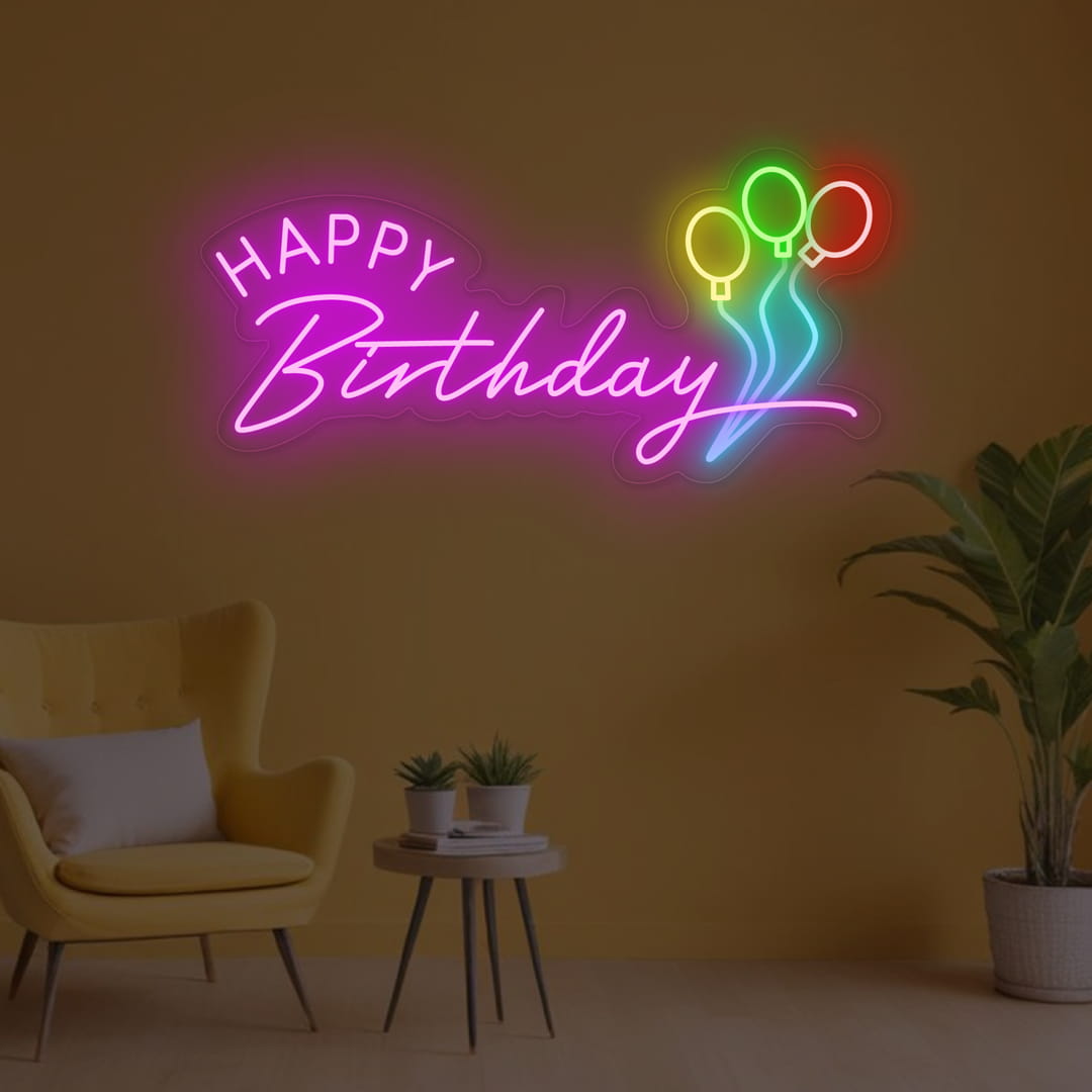 Happy Birthday Neon Sign with Balloons