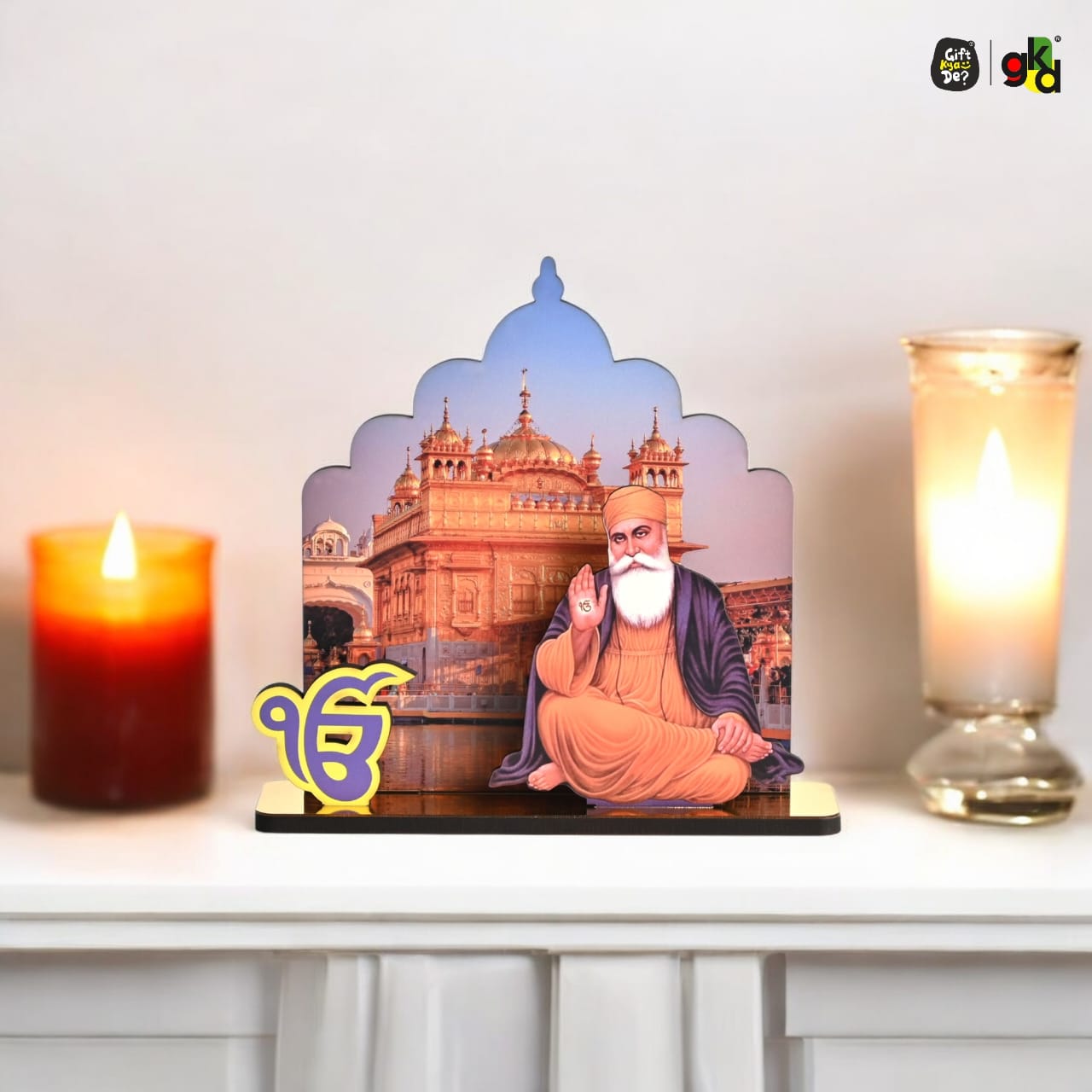Guru Nanak Dev Ji & Guru Gobind Singh Ji Wooden Table Top Idols with Golden Temple Background | Spiritual Decor for Home & Office | Sikh Religious Gift