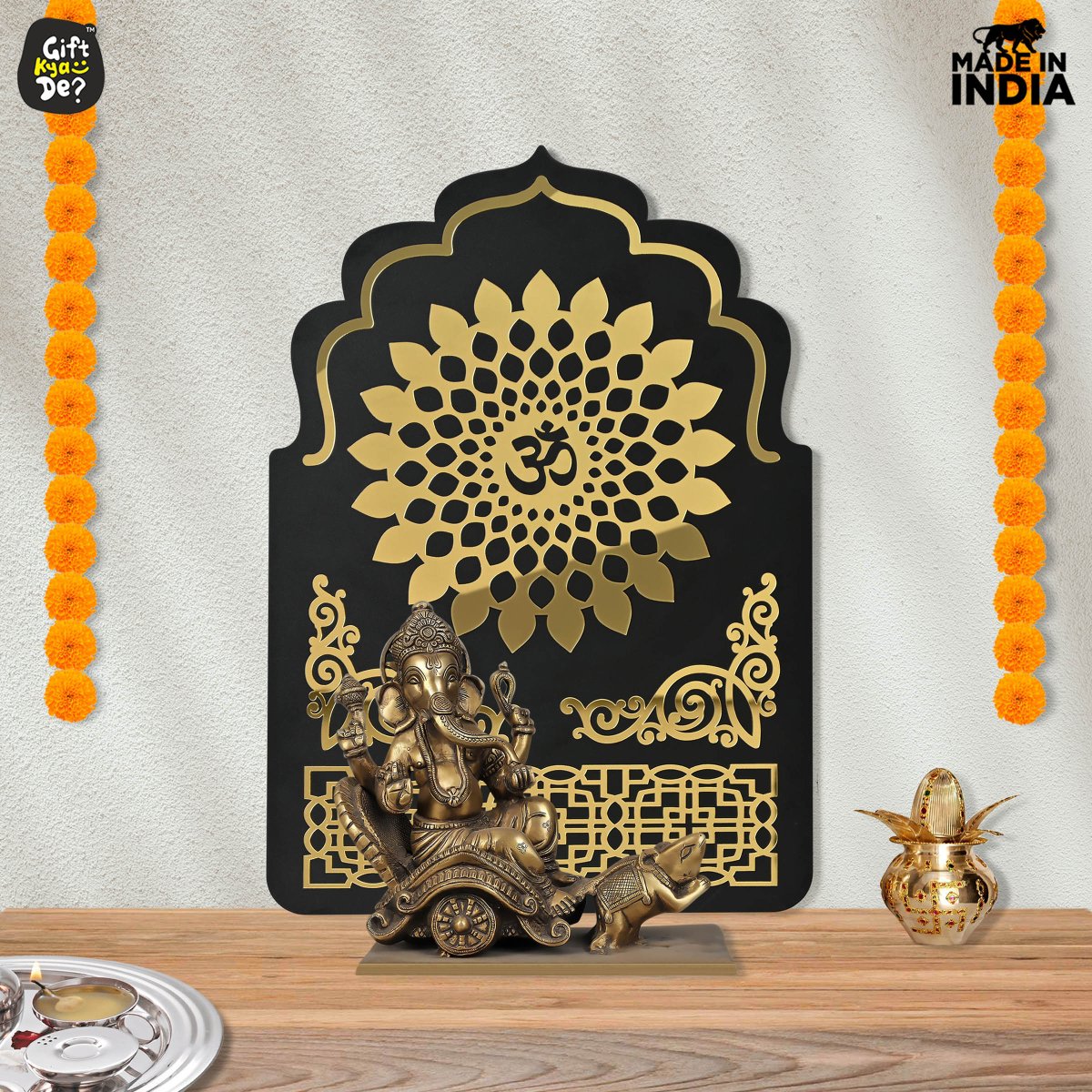 Pooja Room Backdrop for Decoration | Enhance Your House Decoration | Black Wood & Golden Acrylic OM Wall Decor Background (22x16 inch)