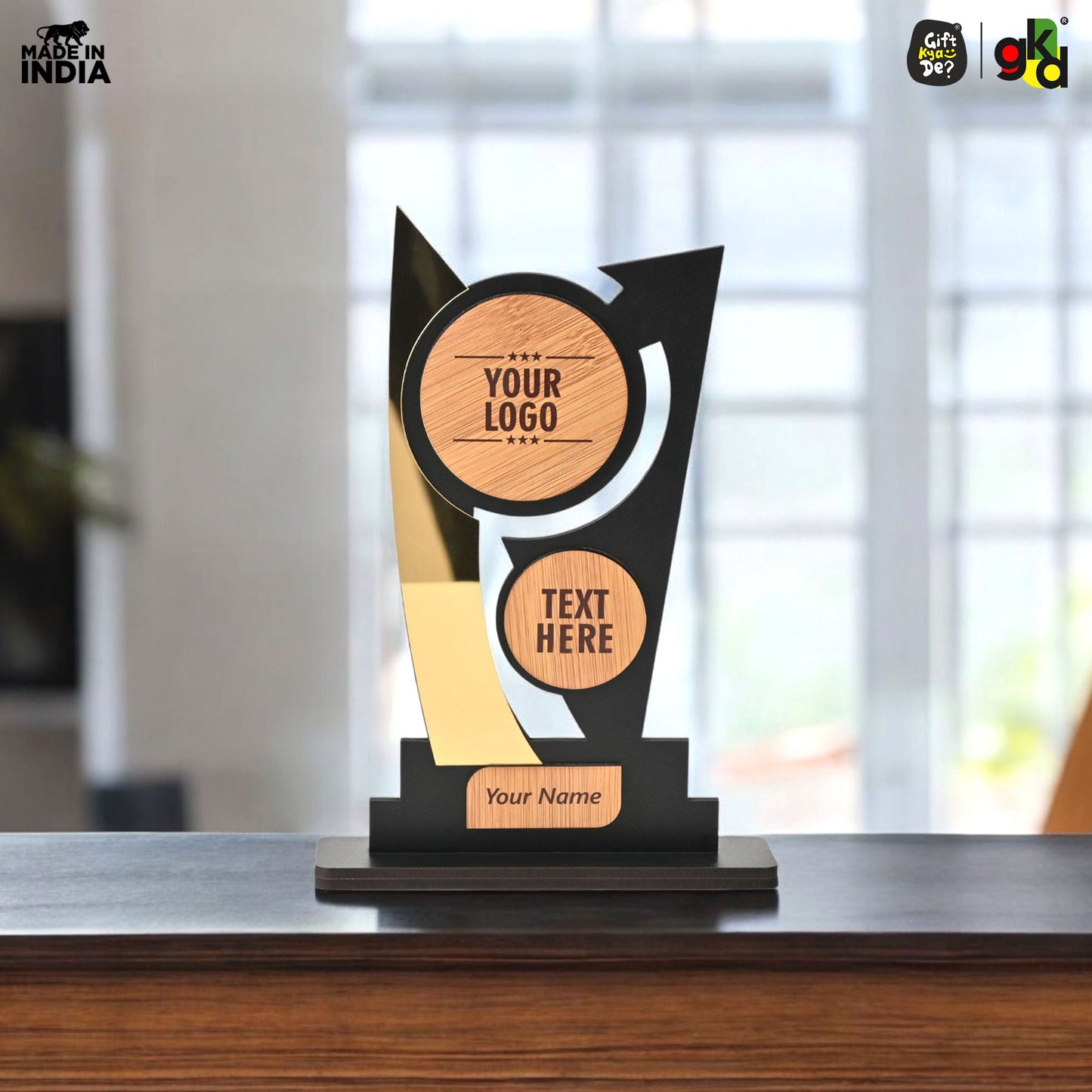 Customized Wooden Trophy with Golden Acrylic | Personalized Memento for Events, Corporate & School Functions