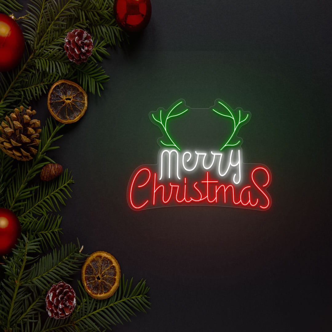 Merry Christmas with Reindeer Horns Neon Sign