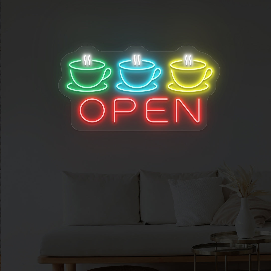 Coffee Cups Open Neon Sign