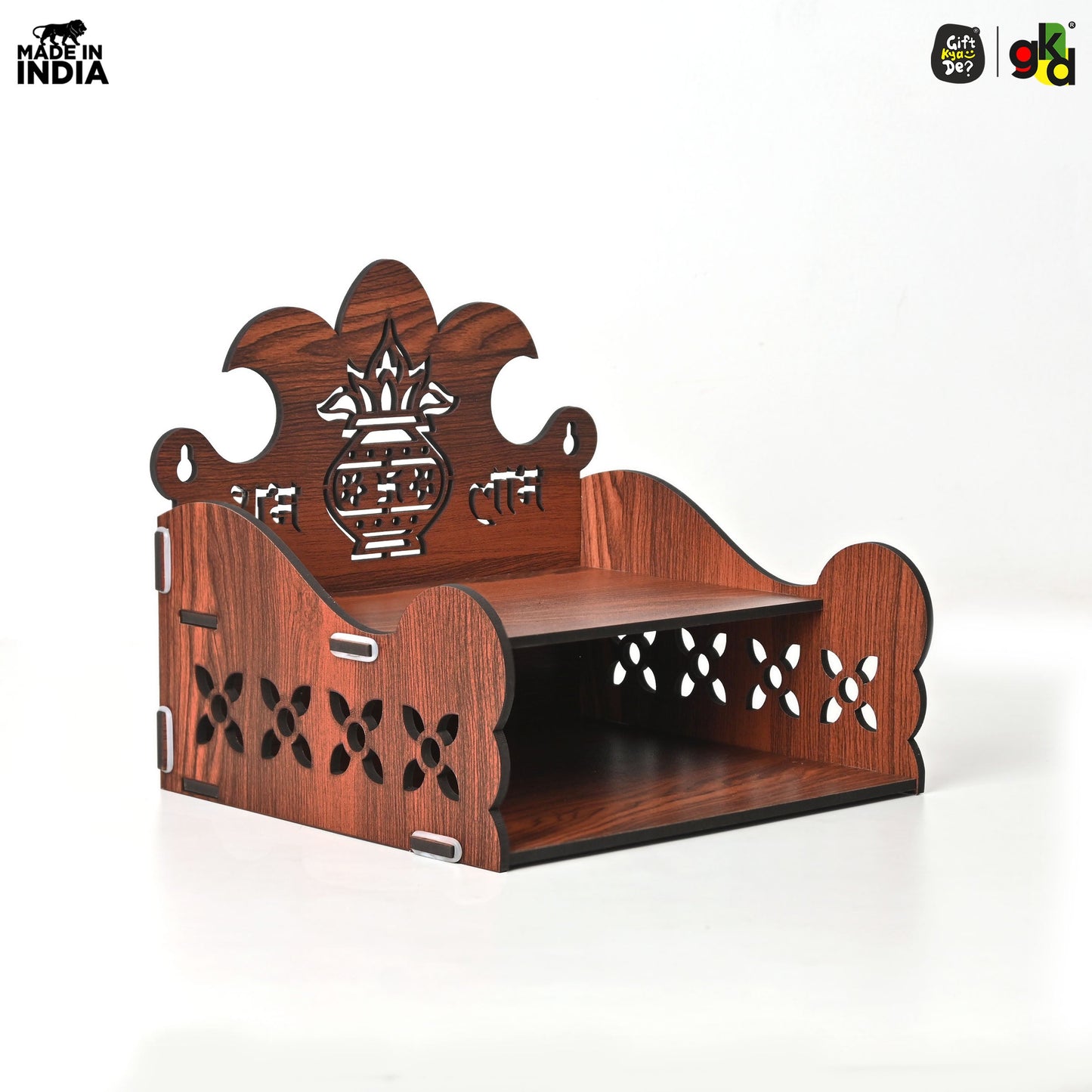 Wooden Shubh Labh Mandir With Utility Shelf | Small Pooja Temple for Table, Wall, or Shelf | DIY | 8x8x8.5 Inch