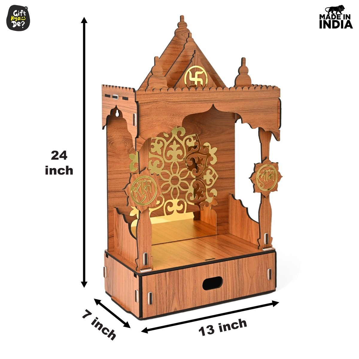 Wooden Temple For Home & Office | Premium 3D Golden Cutwork Design | Mandir With Storage Drawer (DIY)
