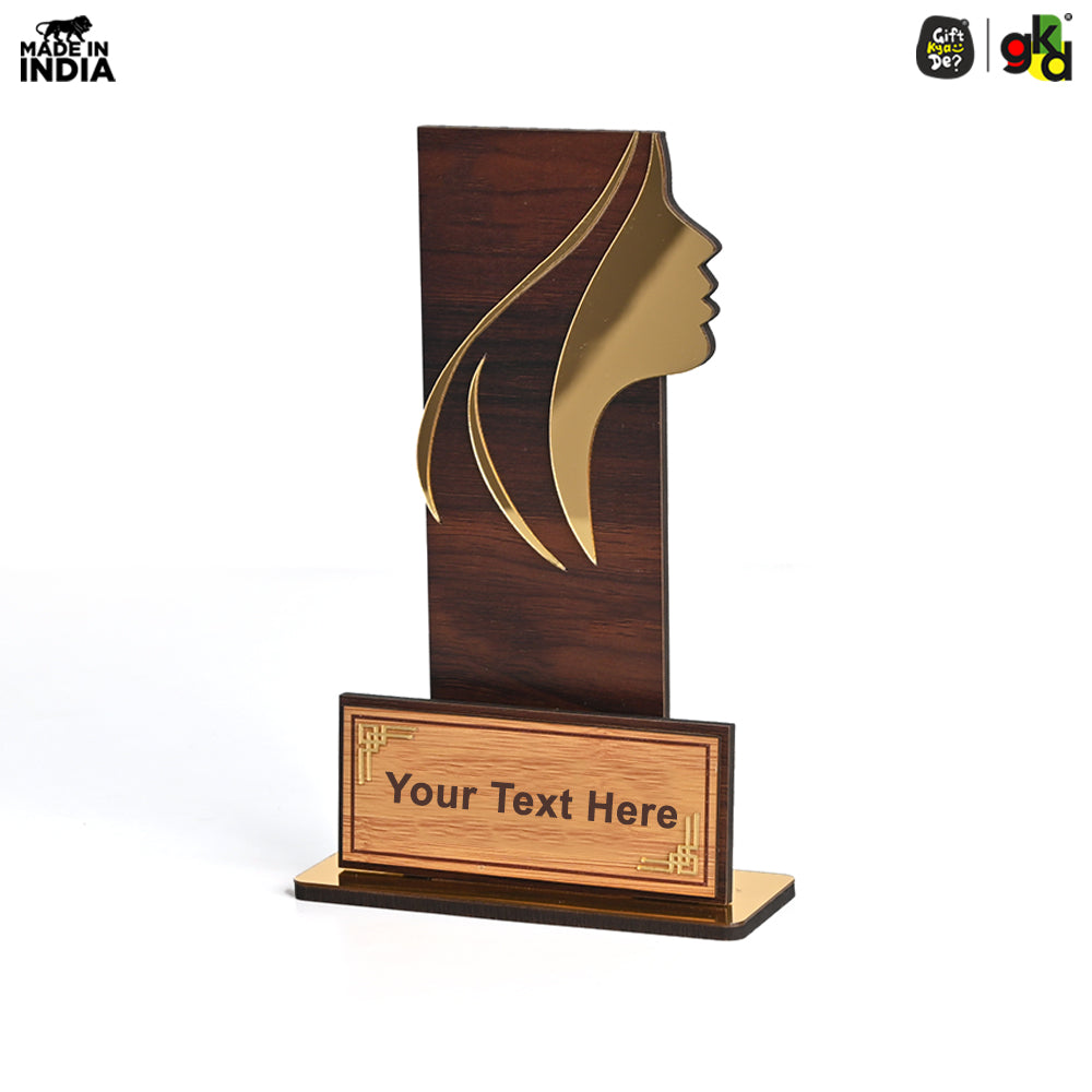 Women's Award Trophy – MDF Wood & Acrylic Memento | Customizable Recognition Gift (Black/Wood)