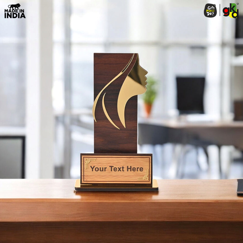 Women's Award Trophy – MDF Wood & Acrylic Memento | Customizable Recognition Gift (Black/Wood)