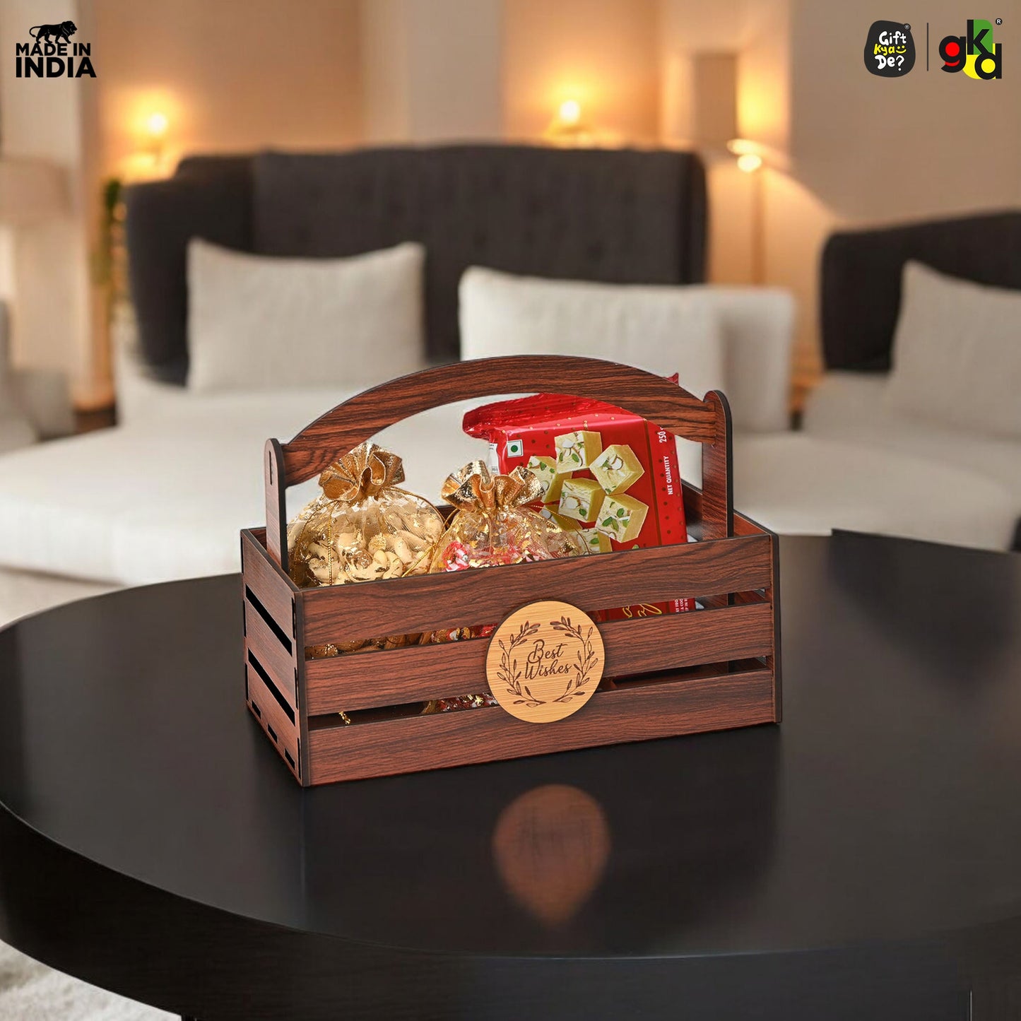 Premium Wooden Basket with Handle for Gifting and Home Decor | Eco-friendly Gift Hamper Basket | Wedding Gift Return Gift